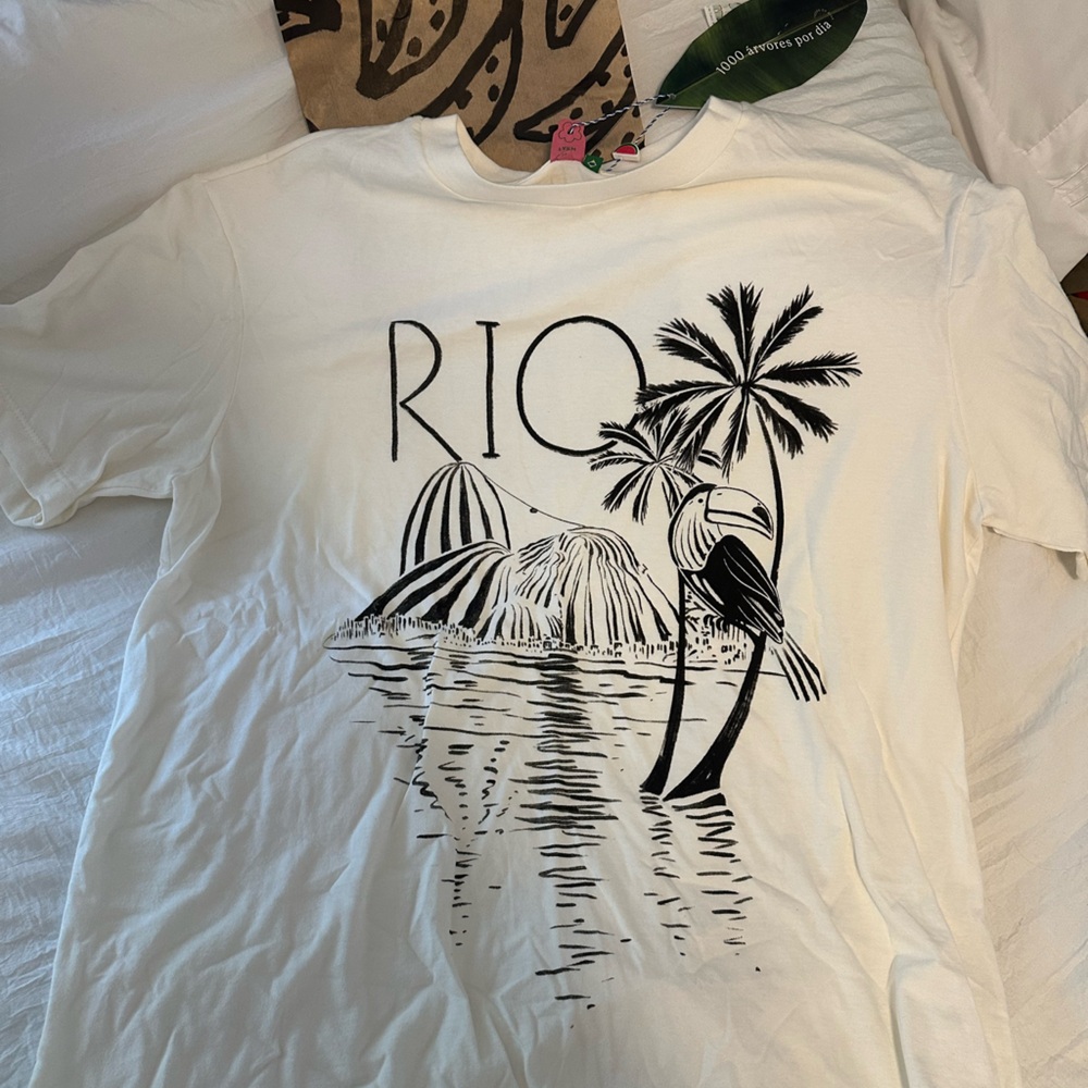 FARM Rio White Polo Tee with Black Tropical Design